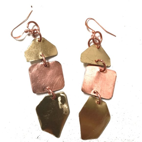 Brass Copper Long Brutalist Statement Earrings - Picture 2 of 13